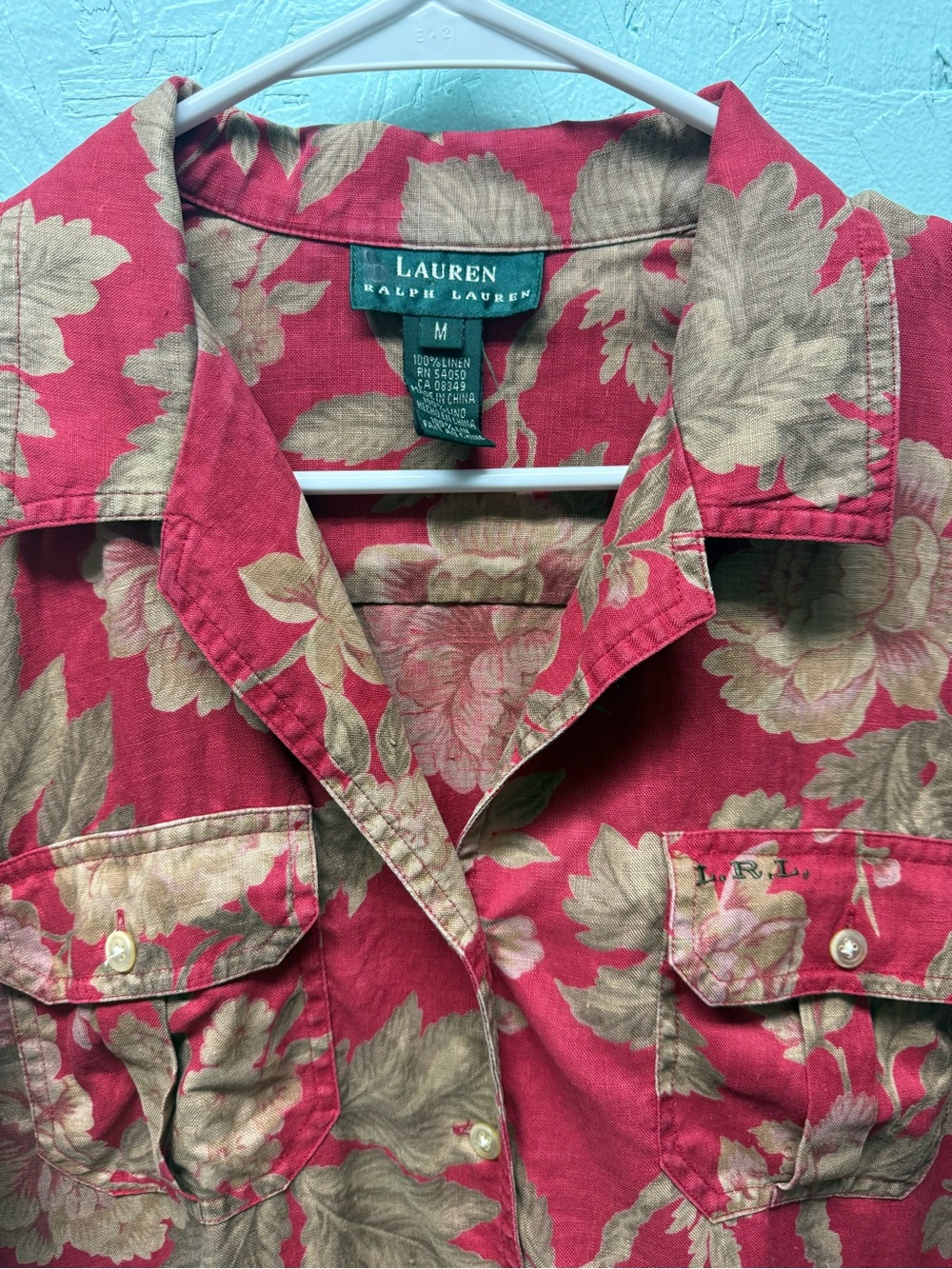Lauren Ralph Lauren Women’s Medium Short Sleeve 100% Linen Red Floral Button Dow